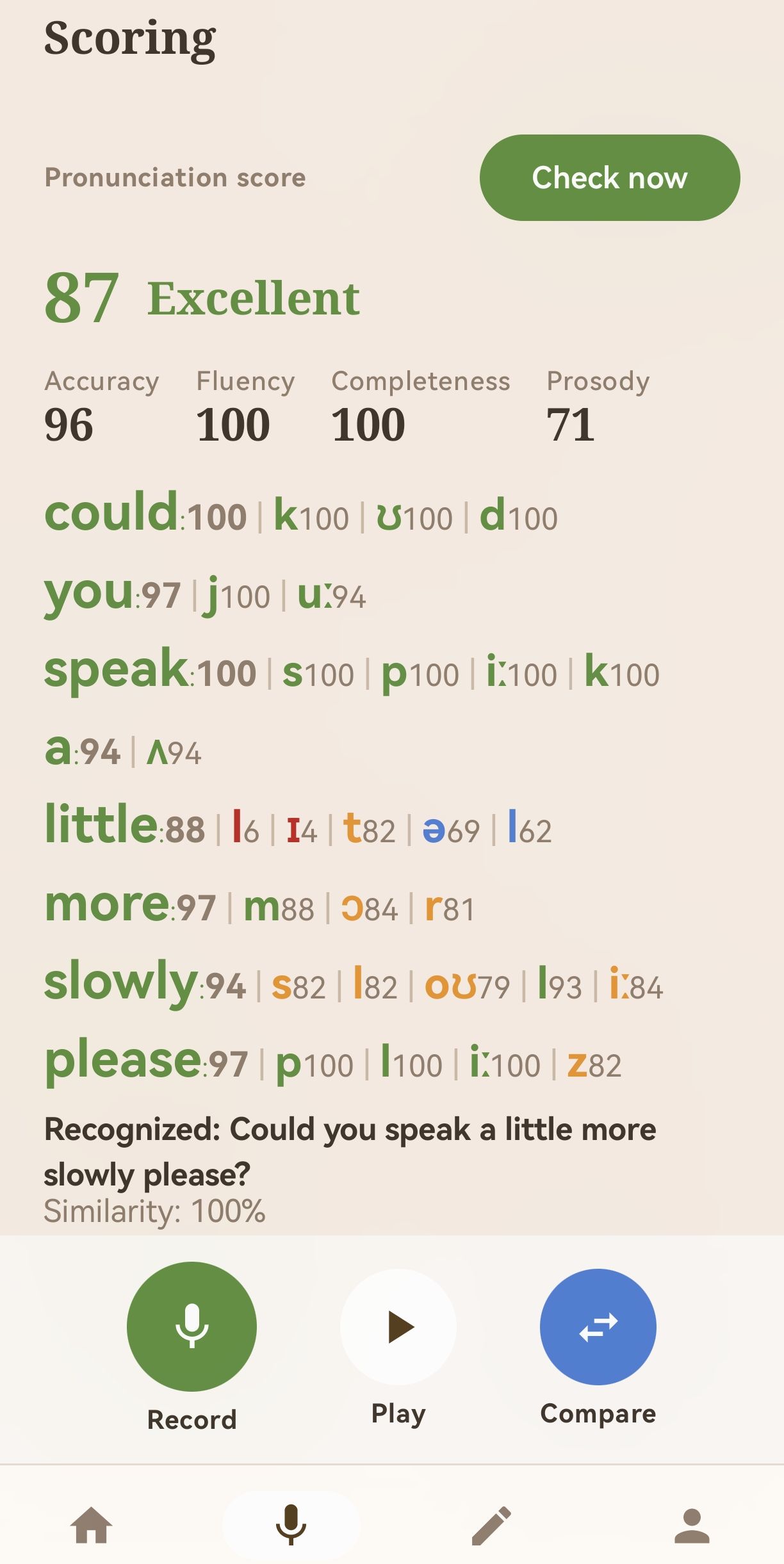 Sonalo pronunciation score with per-sound results